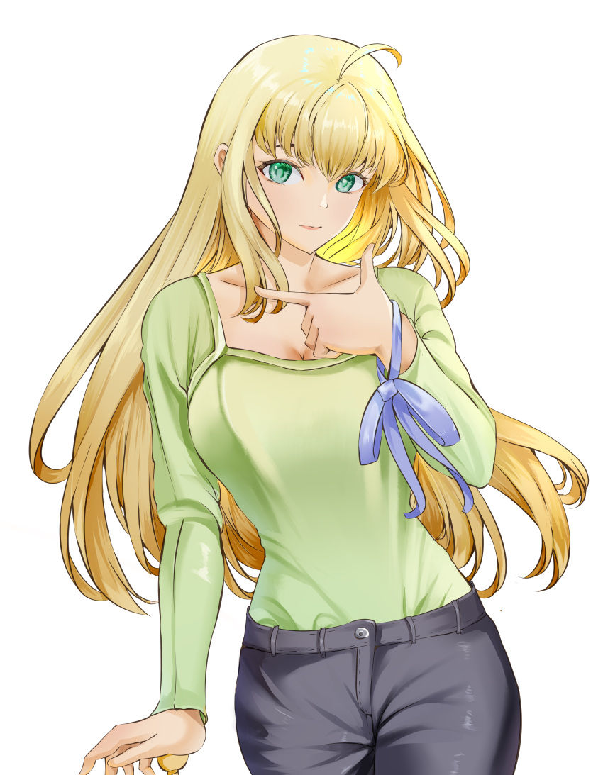 1girl absurdres ahoge alternate_costume alternate_hairstyle artoria_pendragon_(fate) black_pants blonde_hair blue_bow blue_ribbon bow breasts collarbone faceless7078 fate/grand_order fate/stay_night fate_(series) green_eyes green_shirt highres holding holding_bow holding_ribbon long_hair medium_breasts pants ribbon saber shirt solo