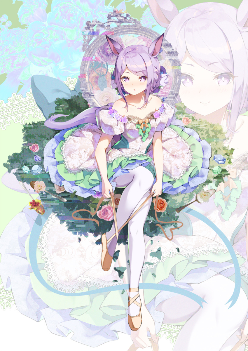 1girl :o animal_ears ballerina ballet_slippers bangs braid breasts dress flower footwear_ribbon highres horse_ears horse_girl looking_at_viewer mejiro_mcqueen_(umamusume) open_mouth pantyhose pilokey purple_eyes purple_hair small_breasts strapless strapless_dress umamusume white_legwear zoom_layer