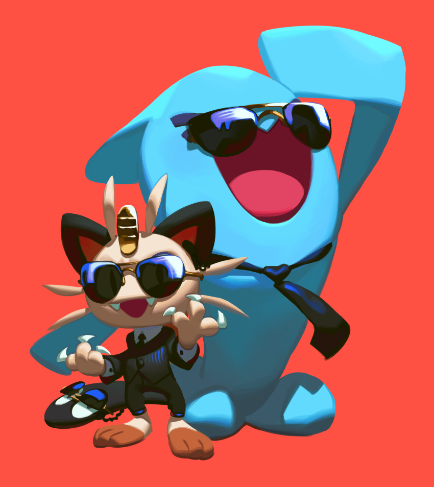 2022 anthro blue_body claws clothing duo eyewear glo-s-s hi_res meowth necktie nintendo open_mouth open_smile pok&eacute;mon pok&eacute;mon_(species) simple_background smile suit sunglasses tongue video_games whiskers wobbuffet