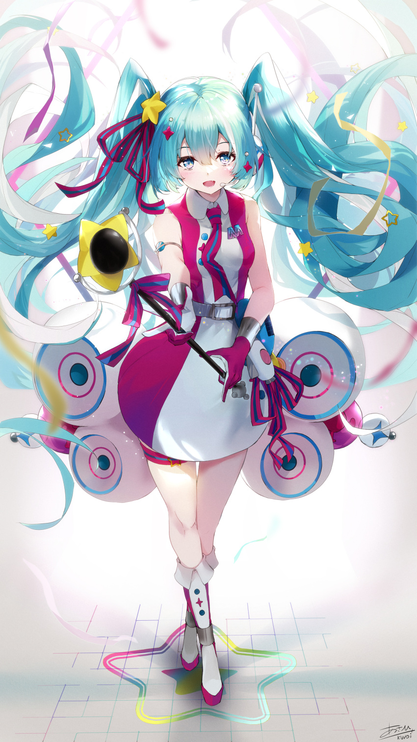 1girl absurdres aqua_eyes aqua_hair asahi_kuroi bangs belt boots collared_dress dress gloves hair_ribbon hatsune_miku highres long_hair looking_at_viewer necktie parted_bangs red_gloves red_necktie red_ribbon ribbon sleeveless sleeveless_dress smile solo standing twintails vocaloid yellow_ribbon