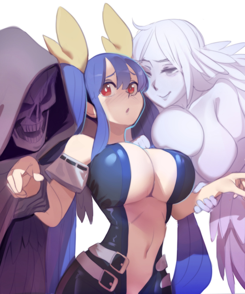 1boy 2girls absurdres asymmetrical_docking asymmetrical_wings bangs bare_shoulders blue_hair blush breast_press breasts cleavage detached_sleeves dizzy_(guilty_gear) guilty_gear hair_ribbon highres large_breasts long_hair midriff multiple_girls navel open_mouth red_eyes ribbon sho-n-d skull twintails underboob undine_(guilty_gear) wings