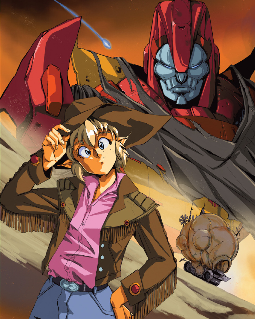 1980s_(style) 1boy 1girl autobot belt black_belt black_cloak blonde_hair blue_eyes blue_pants cloak comic_cover cover_image cowboy_hat english_commentary hand_on_hip hat head_tilt highres hinomars19 pants pointy_ears retro_artstyle rodimus shib_(transformers) shirt_tucked_in short_hair smile the_transformers_(idw) transformers