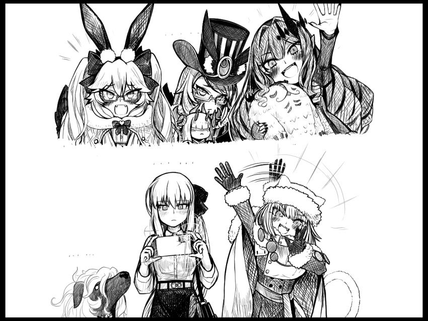 5girls cellphone cernunnos_(fate) character_doll dobrynya_nikitich_(fate) drill_hair fairy_knight_tristan_(fate) fangs fate/grand_order fate_(series) glasses gloves hat koyanskaya_(fate) koyanskaya_(foreigner)_(second_ascension)_(fate) koyanskaya_(lostbelt_beast:iv)_(fate) monochrome morgan_le_fay_(fate) multiple_girls phone ponytail smartphone tail taking_picture tamamo_(fate) top_hat tulxe twintails waving woodwose_(fate) younger