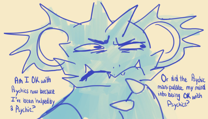 2022 anthro blue_body claws dialogue english_text grimart male nidoking nintendo pok&eacute;mon pok&eacute;mon_(species) question questioning shiny_pok&eacute;mon sketch solo spikes spikes_(anatomy) text thinking tini_(grimart) video_games