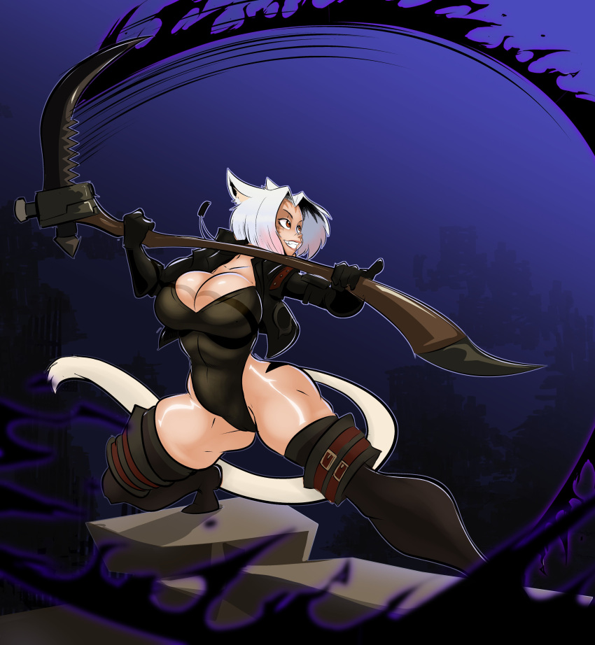 1girl absurdres avatar_(ff14) black_gloves breasts brown_eyes cat_tail cleavage clumzor cropped_jacket dog_tags facial_mark final_fantasy final_fantasy_xiv gloves highleg highleg_leotard highres holding holding_scythe jacket large_breasts leotard miqo'te open_clothes open_jacket reaper_(final_fantasy) scythe short_hair slit_pupils smile solo tail teeth thighhighs whisker_markings white_hair