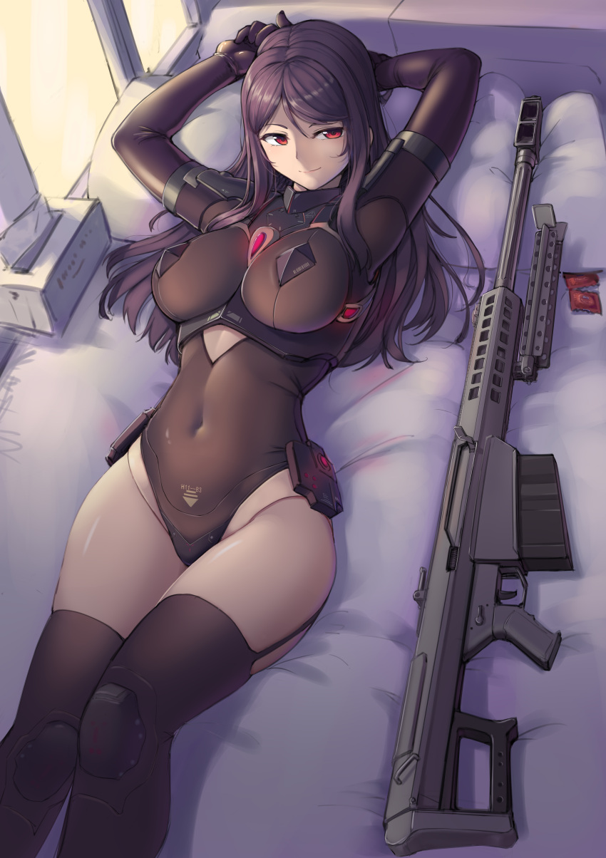 1girl absurdres anti-materiel_rifle barrett_m82 black_leotard breasts closed_mouth condom condom_wrapper covered_navel garter_straps gun highres kuromori_(1010845110) large_breasts leotard long_hair lying on_back original purple_hair red_eyes rifle sniper_rifle solo thighhighs weapon