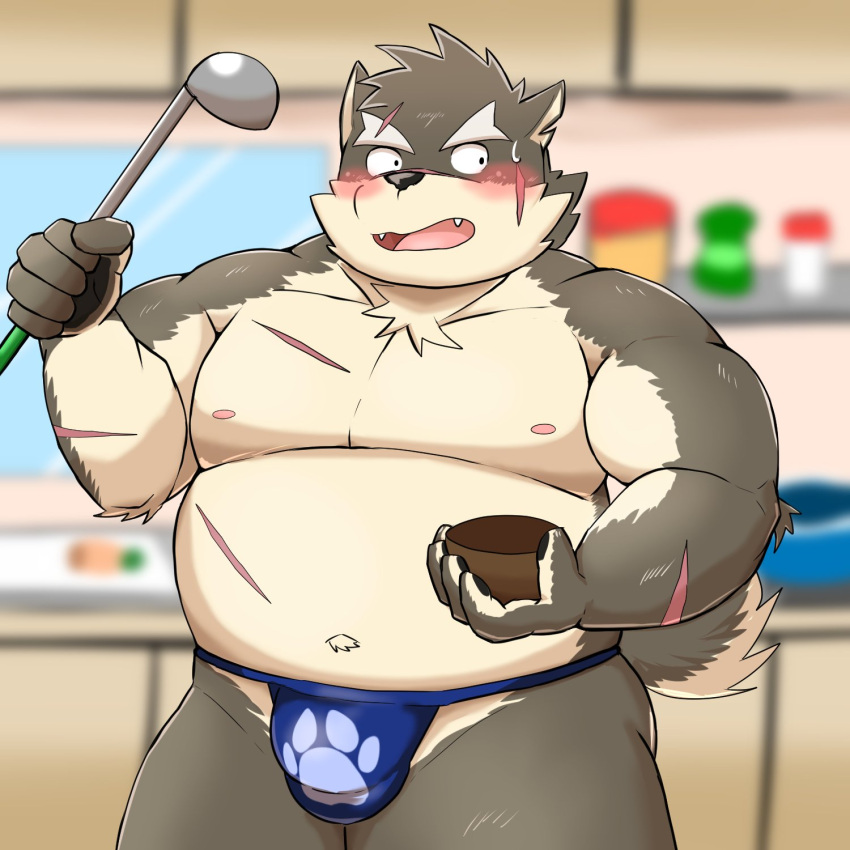 anthro asian_clothing belly blush bulge canid canine canis clothing domestic_dog east_asian_clothing embarrassed fundoshi hi_res japanese_clothing kitchen_utensils ladle lifewonders male mammal mohumohudansi moritaka musclegut navel nipples pecs solo tokyo_afterschool_summoners tools underwear video_games