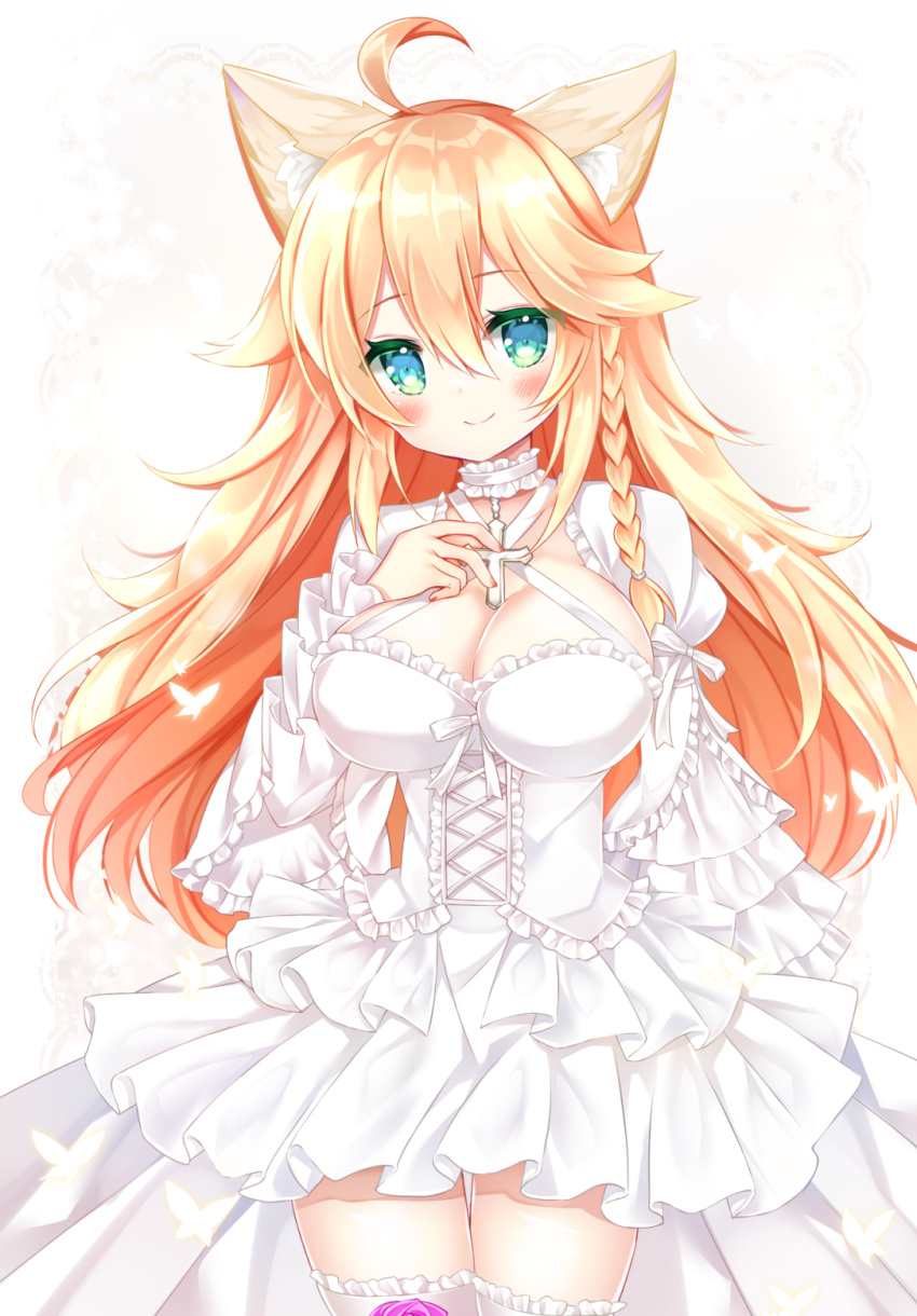 1girl ahoge animal_ear_fluff animal_ears bangs blonde_hair blush breasts cat_ears cleavage closed_mouth commentary_request commission cross dress eyebrows_visible_through_hair frilled_legwear green_eyes hair_between_eyes hand_up highres juliet_sleeves latin_cross layered_dress long_hair long_sleeves looking_at_viewer medium_breasts original pleated_dress puffy_sleeves shikito skeb_commission sleeves_past_wrists smile solo very_long_hair white_dress white_legwear