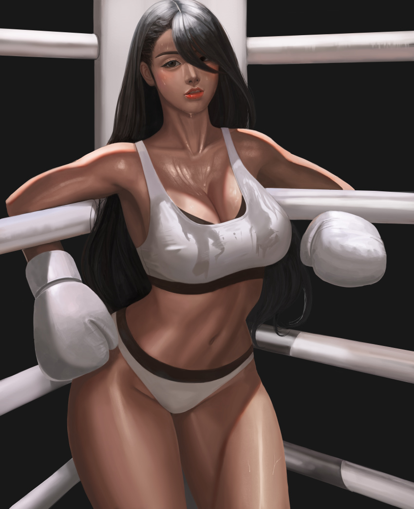 1girl absurdres bangs bare_shoulders bikini black_background black_hair blush boxing_gloves boxing_ring breasts cleavage commission hair_over_one_eye highres leaning_on_rail lips long_hair looking_at_viewer medium_breasts midriff muscular muscular_female original parted_lips playing_sports red_lips shiny shiny_hair soul_(smfa2555) sports_bikini sweat sweaty_clothes swimsuit thighs white_bikini