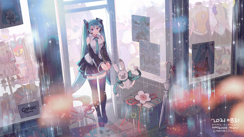 1girl bangs black_footwear black_skirt blue_eyes blue_hair boots breasts chris4708 collared_shirt dated detached_sleeves dress gift grey_shirt hachune_miku happy_birthday hatsune_miku hatsune_miku_(nt) highres long_hair magical_mirai_(vocaloid) medium_breasts mikudayoo odds_&amp;_ends_(vocaloid) poster_(object) project_sekai rabbit_yukine rain shirt skirt sleeveless sleeveless_shirt smile solo thigh_boots thighhighs twintails very_long_hair vocaloid white_dress window yuki_miku yuki_miku_(2021)