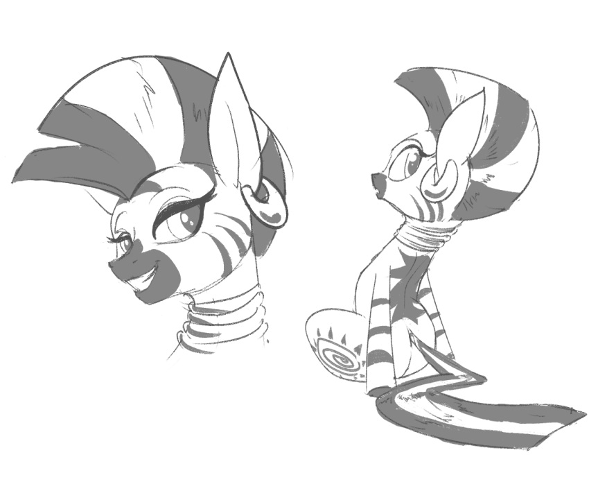 ear_piercing ear_ring equid equine eyelashes female feral friendship_is_magic hasbro jewelry mammal mohawk monochrome my_little_pony piercing rocket-lawnchair sketch smile solo striped_body stripes zebra zecora_(mlp)