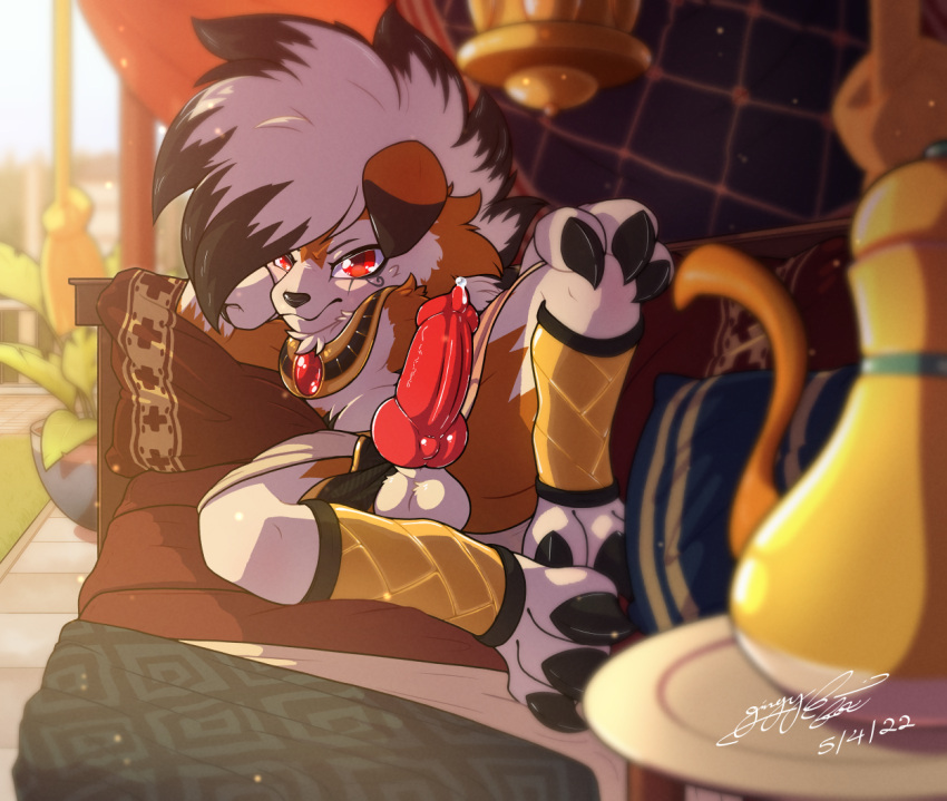 balls chair claws clothing egyptian_clothing erection exposed fur furniture gem genitals gingy_k_fox lounge_chair lycanroc midnight_lycanroc nintendo orange_body orange_fur outside penis pillow pok&eacute;mon pok&eacute;mon_(species) public public_exposure red_eyes sitting solo video_games