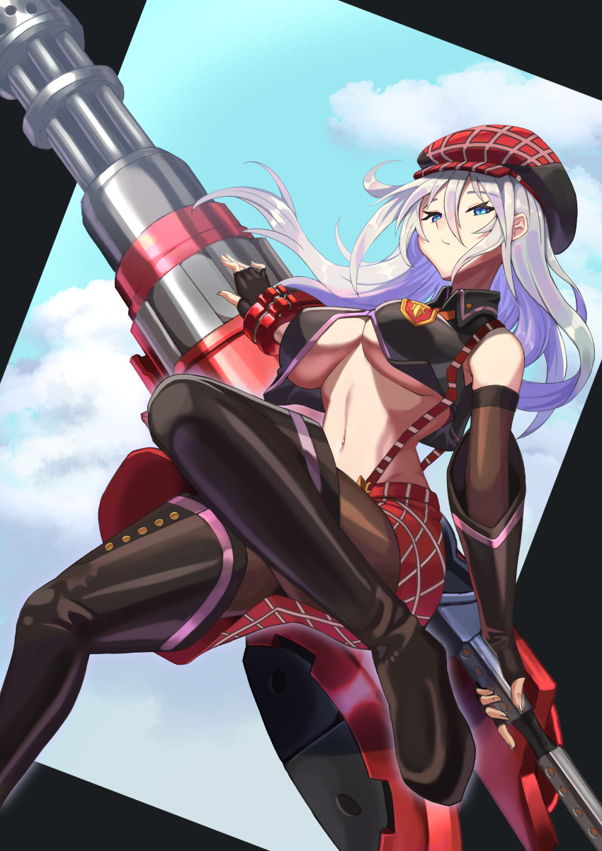 1girl absurdres alisa_ilinichina_amiella bare_shoulders blue_eyes boots bracelet breasts cabbie_hat elbow_gloves fingerless_gloves gloves god_eater hat highres huge_weapon jewelry large_breasts long_hair midriff navel plaid plaid_headwear plaid_skirt siorudo_origin skirt sleeveless solo suspender_skirt suspenders suspenders_slip thigh_boots thighhighs underboob weapon