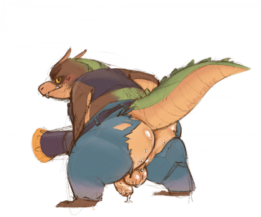 activision anthro anus balls big_butt blush bodily_fluids bubble_butt butt canid canine canis clothing crash_bandicoot_(series) crocodile crocodilian crocodylid dingo dingodile genitals huge_butt hybrid macrolee male mammal penis reptile scalie solo sweat thick_thighs torn_clothing video_games