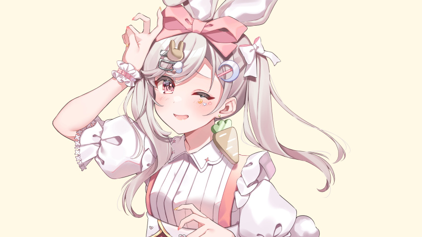 1girl absurdres anzu_1026 arm_up bangs bow breasts bunny_hair_ornament collared_shirt crescent crescent_hair_ornament earmuffs grey_hair hair_bow hair_ornament highres indie_virtual_youtuber light_blush looking_at_viewer one_eye_closed open_mouth pink_eyes puffy_short_sleeves puffy_sleeves shirt short_sleeves simple_background small_breasts solo tsukino_ichika white_bow white_shirt