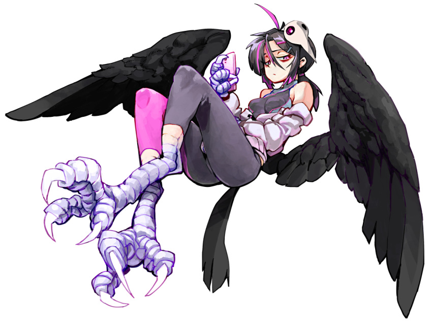 1girl ahoge animal_feet animal_hands bird_skull bird_tail bird_wings black_feathers black_hair black_harpy_(orc_massage) black_legwear claws colored_tips digitigrade feathered_wings feathers full_body glowing glowing_eye harpy holding holding_phone jacket jacket_partially_removed leggings looking_at_viewer low_wings monster_girl multicolored_hair orc_massage phone pink_eyes pink_hair pink_legwear ponytail saburou_(sblo) short_hair sidelocks skull_on_head sleeveless solo streaked_hair tail talons turtleneck two-tone_hair white_jacket wings