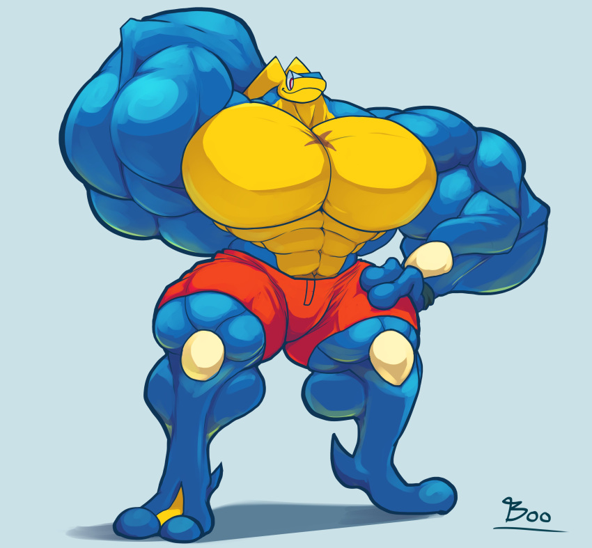 2022 2_toes 3_fingers abs absurd_res amphibian anthro biceps big_biceps big_pecs blue_background blue_body clothed clothing digital_drawing_(artwork) digital_media_(artwork) feet fingers flexing frog greninja hi_res male muscular muscular_anthro muscular_male nintendo pecs pink_eyes pok&eacute;mon pok&eacute;mon_(species) red_clothing scar shaded signature simple_background smile solo toes unusualboo54 video_games yellow_body zen_(unusualboo54)