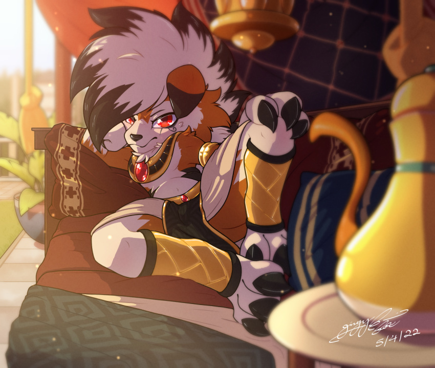 chair claws clothing egyptian_clothing fur furniture gem gingy_k_fox lounge_chair lycanroc midnight_lycanroc nintendo orange_body orange_fur outside pillow pok&eacute;mon pok&eacute;mon_(species) red_eyes sitting solo video_games