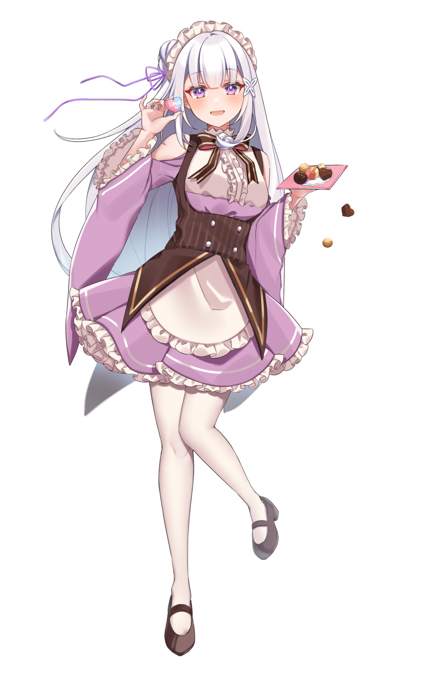 1girl absurdres anzu_1026 bangs breasts brown_footwear cookie dress emilia_(re:zero) food full_body hair_ribbon hands_up highres holding holding_cookie holding_food light_blush long_hair long_sleeves looking_at_viewer maid_headdress mary_janes medium_breasts open_mouth pantyhose purple_eyes purple_ribbon re:zero_kara_hajimeru_isekai_seikatsu ribbon shoes short_dress simple_background solo standing standing_on_one_leg symbol-only_commentary white_background white_hair