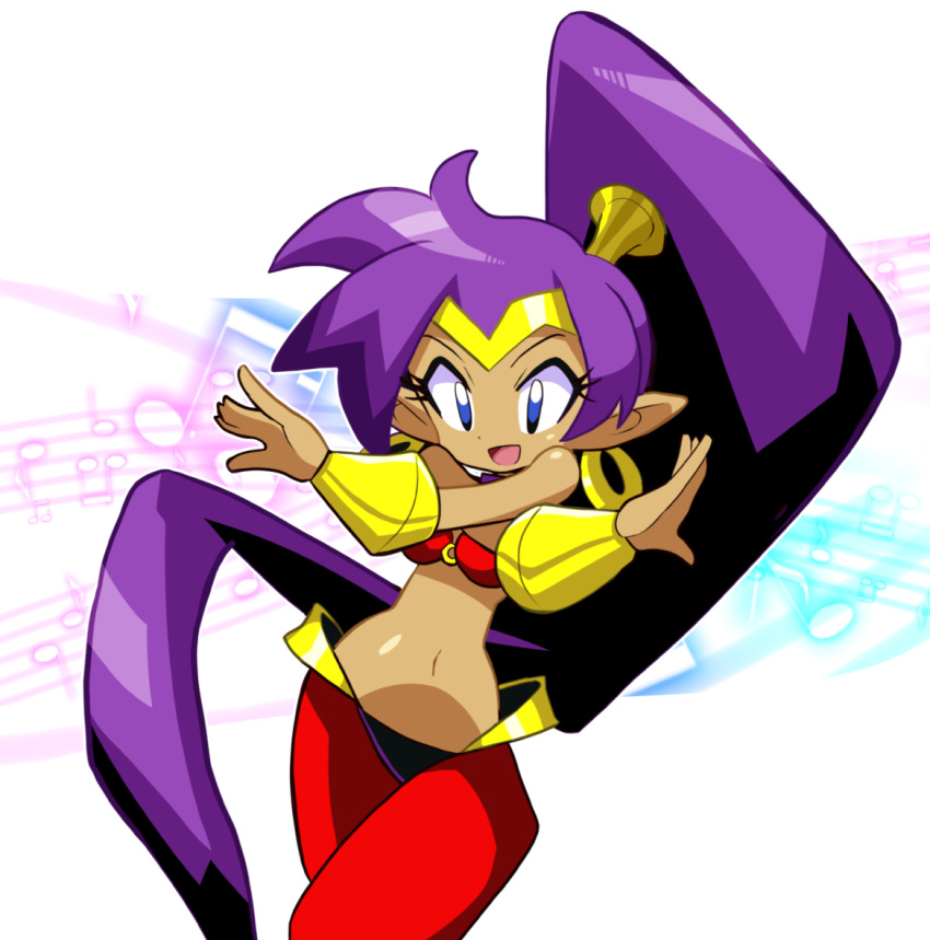 5_fingers blue_eyes breasts clothing ear_piercing ear_ring female fingers genie hair humanoid humanoid_pointy_ears long_hair musical_note n_sakurajyousui not_furry open_mouth open_smile piercing ponytail purple_hair shantae shantae_(series) smile solo video_games wayforward