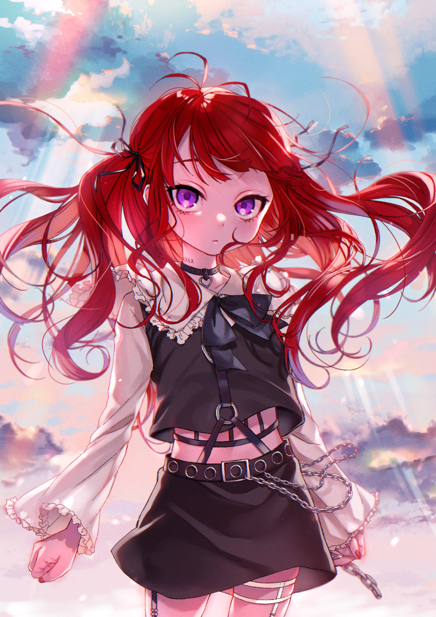 1boy absurdres arms_at_sides bangs belt black_bow black_ribbon black_skirt black_vest bow chain closed_mouth cloud cloudy_sky commentary cowboy_shot crop_top dancho_(dancyo) frilled_sleeves frills garters hair_ribbon heart_collar highres kurumi_(zettai_tenshi_kurumi-chan) light_rays long_hair long_sleeves looking_at_viewer midriff o-ring pencil_skirt purple_eyes red_hair ribbon shirt skirt sky sleeves_past_wrists solo sunlight two_side_up vest white_shirt zettai_tenshi_kurumi-chan