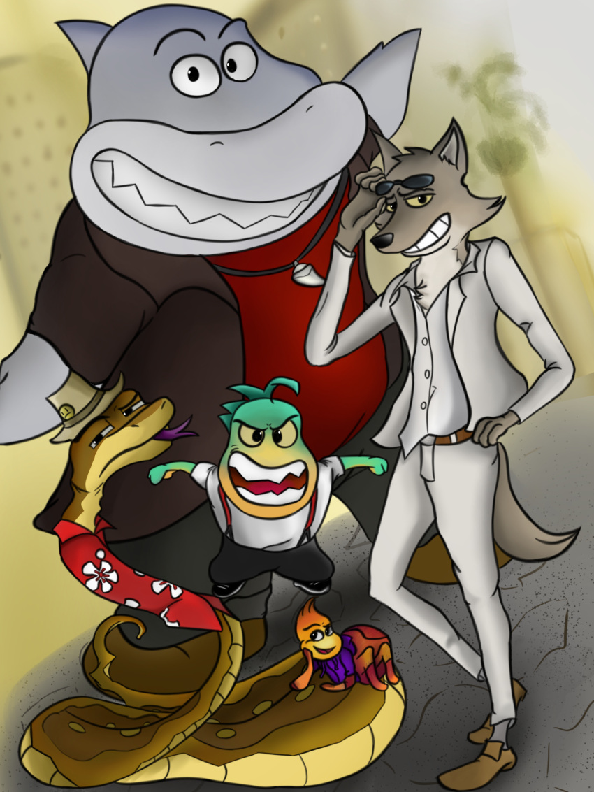 aloha_shirt anthro arachnid arthropod belt canid canine canis clothing dreamworks eyewear fish gotoyourcorner group hat headgear headwear hi_res male mammal marine mr._piranha_(the_bad_guys) mr._shark_(the_bad_guys) mr._snake_(the_bad_guys) mr._wolf_(the_bad_guys) ms._tarantula_(the_bad_guys) mygalomorph overalls pattern_clothing pattern_shirt pattern_topwear piranha_(fish) reptile scalie serrasalmid shark shark_tooth shirt snake spider suit sunglasses sweater tarantula the_bad_guys topwear wolf