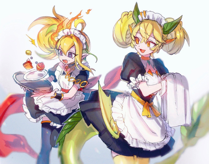 2girls 33gk310 alternate_costume apron black_choker black_legwear blonde_hair breasts choker commentary dragon_girl dragon_horns dragon_tail duel_monster eyebrows_visible_through_hair eyes_visible_through_hair fire green_hair horns looking_back maid maid_apron maid_headdress medium_breasts multicolored_hair multiple_girls open_mouth parlor_dragonmaid pointy_ears purple_eyes sevens_road_witch side_ponytail tail thighhighs towel tray twintails two-tone_hair yu-gi-oh! yu-gi-oh!_rush_duel