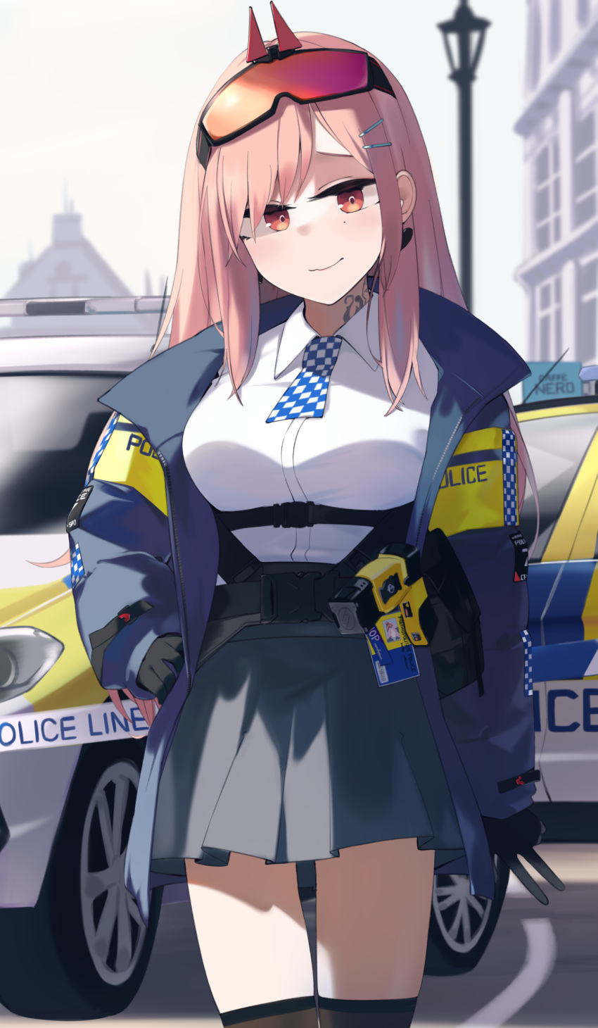 1girl absurdres bangs black_legwear breasts building car checkered_necktie city closed_mouth collared_shirt cowboy_shot earrings eyebrows_visible_through_hair eyewear_on_head feet_out_of_frame girls'_frontline grey_skirt ground_vehicle hair_ornament hairclip heart heart_earrings highres hinami047 jacket jewelry lamppost large_breasts long_hair long_sleeves md5_mismatch mole mole_under_eye motor_vehicle neck_tattoo necktie orange_goggles pink_hair police police_car police_uniform policewoman red_eyes safety_glasses shirt sig_mcx_(girls'_frontline) skirt smile spade_(shape) spade_earrings taser tattoo thighhighs uniform walkie-talkie white_shirt