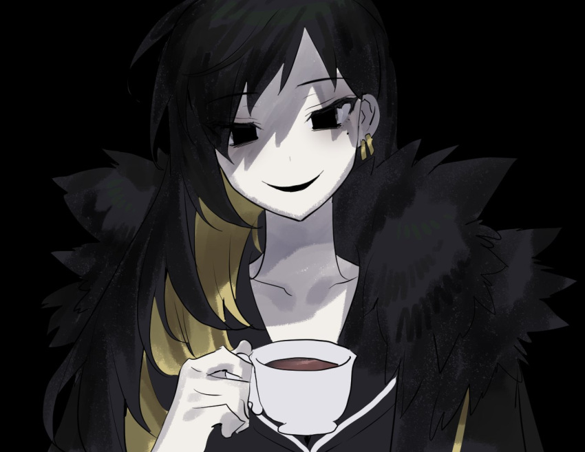 1girl bangs binah_(project_moon) black_background black_eyes black_hair blonde_hair cup devy_lobotomy ear_piercing eyebrows_visible_through_hair fur_trim holding holding_cup korean_commentary lobotomy_corporation long_hair looking_at_viewer mole mole_under_eye multicolored_hair pale_skin parted_lips piercing project_moon solo upper_body