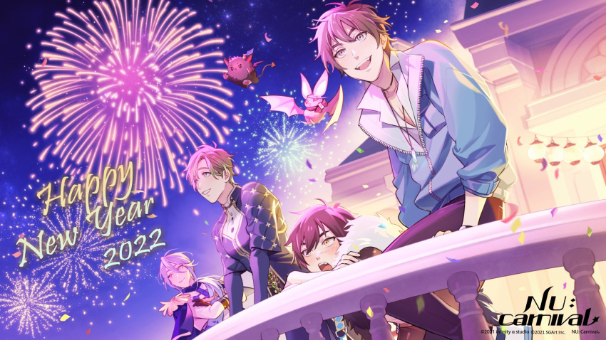 4boys aster_(nu_carnival) bat brown_hair cross edmond_(nu_carnival) eiden_(nu_carnival) epaulettes fangs fireworks fur_trim garu_(nu_carnival) gem green_eyes green_hair happy_new_year highres jewelry knight latin_cross light_blue_hair light_brown_eyes light_brown_hair long_hair long_sleeves male_focus morvay_(nu_carnival) multiple_boys necklace nu_carnival official_art olivine_(nu_carnival) scar scar_on_face scar_on_nose short_hair smile yellow_eyes