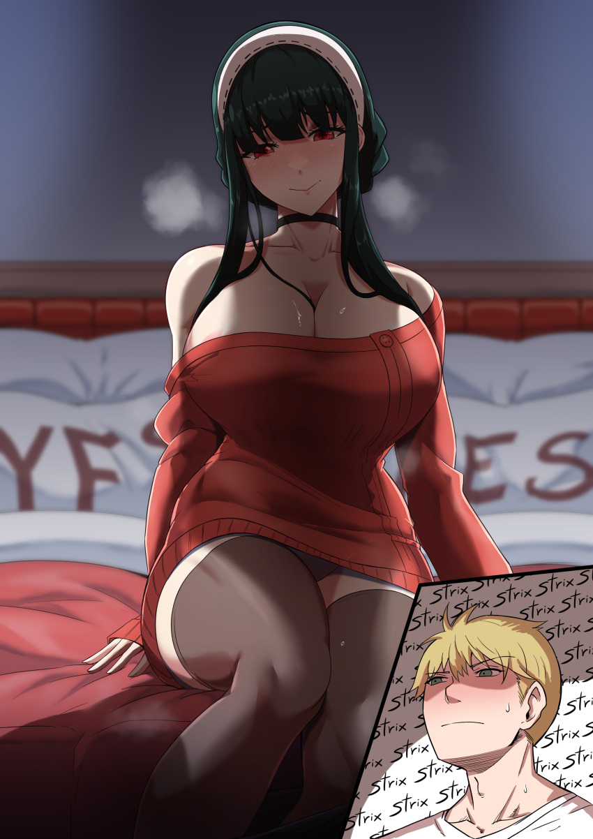 1boy 1girl absurdres bangs bare_shoulders black_hair blonde_hair blush braid breasts brown_legwear choker cleavage collarbone french_braid green_eyes hairband highres large_breasts long_hair long_sleeves looking_at_viewer off-shoulder_sweater off_shoulder on_bed red_eyes red_sweater short_hair sidelocks sitting smile spy_x_family sweater thighhighs thighs torahime_(roland00) twilight_(spy_x_family) yes-no_pillow yor_briar
