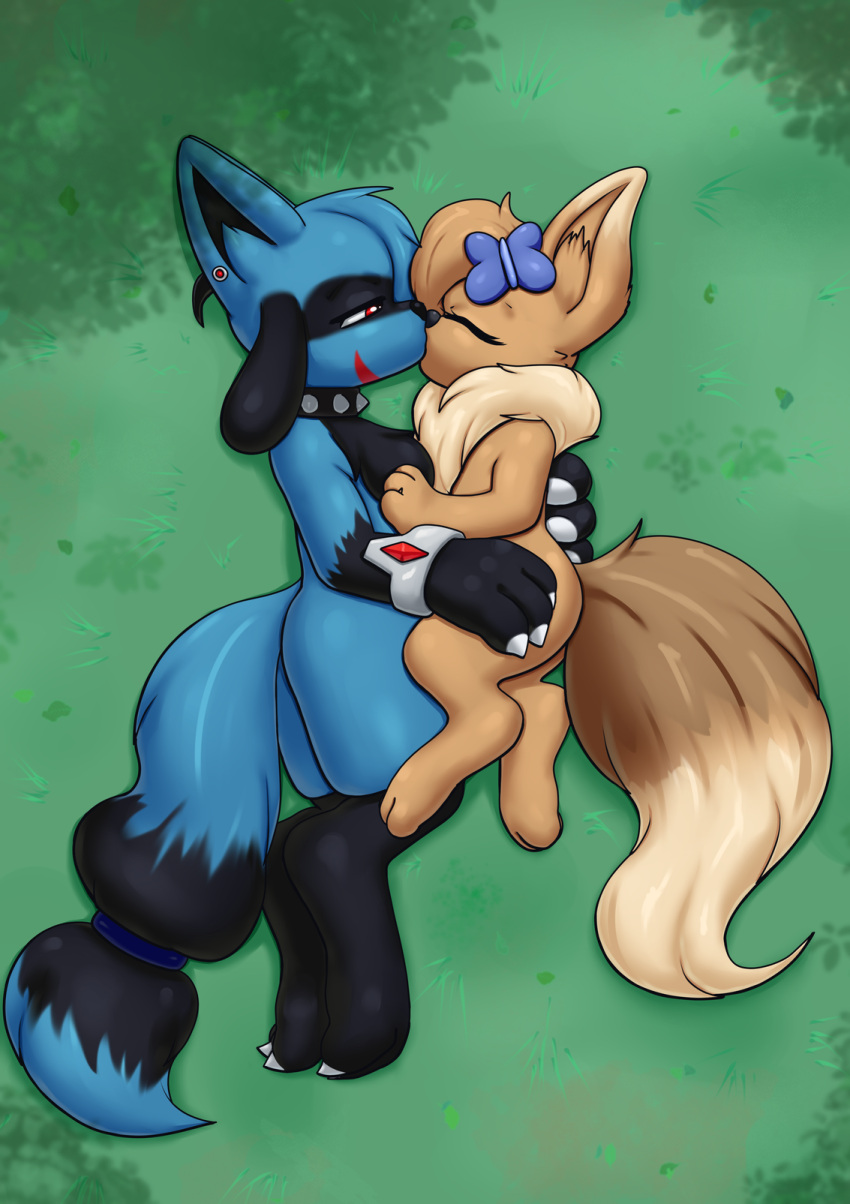 anthro black_body black_fur blue_body blue_fur brown_body brown_fur duo eevee female fur gefauz hi_res kissing lying male nintendo pok&eacute;mon pok&eacute;mon_(species) riolu video_games