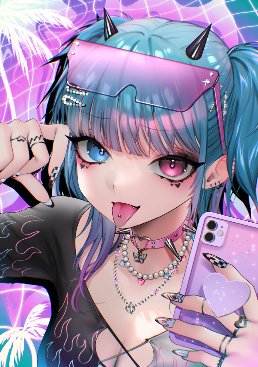 1girl arm_up bangs bead_necklace beads bitaro black_shirt blue_eyes blue_hair breasts cellphone choker cleavage commentary_request face fang heart heart_tattoo heterochromia highres holding holding_phone horn_ornament horns jewelry looking_at_viewer medium_hair nail_art necklace open_mouth original phone piercing pink_choker pink_eyes ring shirt short_twintails smartphone solo spiked_choker spikes tattoo tongue tongue_out tongue_piercing twintails upper_body