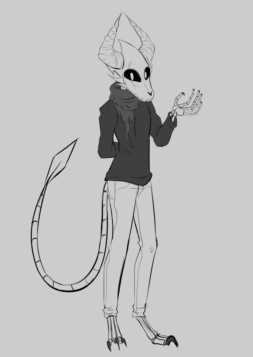 absurd_res anthro bone dragon full-length_portrait greyscale hi_res male monochrome portrait pose scarf skeleton sketch solo stylish