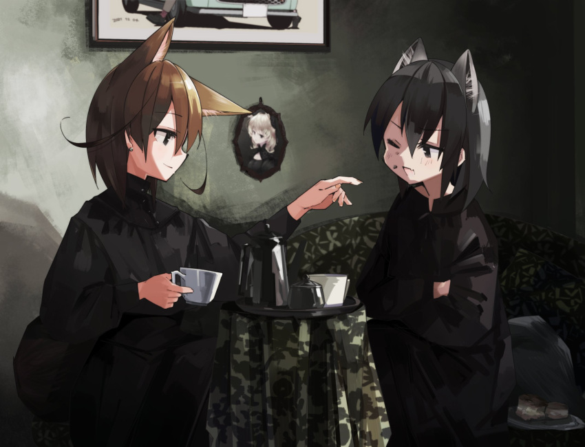 2girls alternate_costume animal_ear_fluff animal_ears bangs black_eyes black_hair brown_hair commentary common_raccoon_(kemono_friends) couch cup earrings english_commentary extra_ears eyes_visible_through_hair fennec_(kemono_friends) food food_on_face fox_ears fox_girl hair_between_eyes highres holding holding_cup indoors jewelry kemono_friends light_smile long_sleeves looking_at_another multiple_girls nanana_(nanana_iz) one_eye_closed open_mouth outstretched_arm portrait_(object) raccoon_ears raccoon_girl raccoon_tail short_hair stud_earrings tail tray