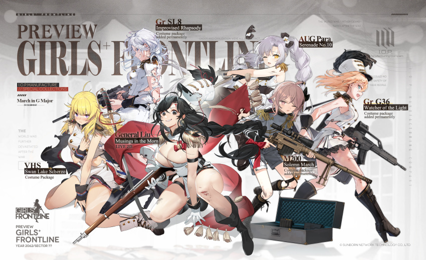 6+girls ahoge ankle_boots aqua_eyes assault_rifle astg aug_para_(girls'_frontline) aug_para_(serenade_no.10)_(girls'_frontline) bahao_diqiu bangs bassoon battle_rifle black_eyes black_footwear black_hair black_legwear blonde_hair blue_eyes blush bolt_action boots bow braid breasts bullpup character_name cheytac_m200 clarinet closed_mouth copyright_name cross-laced_footwear earrings english_commentary english_text eyebrows_visible_through_hair feather_hair_ornament feathers french_braid g36_(girls'_frontline) g36_(watcher_of_the_light)_(girls'_frontline) gebijiade_89 general_liu_(girls'_frontline) general_liu_(musings_in_the_morn)_(girls'_frontline) general_liu_rifle girls'_frontline gloves gun h&amp;k_g36 h&amp;k_sl8 hair_bow hair_ornament hairclip highres holding holding_gun holding_weapon instrument jewelry knee_boots lace-up_boots large_breasts long_hair looking_at_viewer looking_away m200_(girls'_frontline) m200_(solemn_march)_(girls'_frontline) marching_band medium_breasts multicolored_hair multiple_girls official_alternate_costume official_art open_mouth ponytail promotional_art purple_eyes rifle scar shoes shuzi sl8_(girls'_frontline) sl8_(improvised_rhapsody)_(girls'_frontline) smile smile_(mm-l) smirk sniper_rifle socks squirrel standing steyr_aug thigh_boots thighhighs thighhighs_under_boots torn_clothes twin_braids twintails uniform vhs_(girls'_frontline) vhs_(swan_lake_scherzo)_(girls'_frontline) weapon weapon_case white_footwear white_gloves white_hair white_headwear white_uniform yellow_eyes