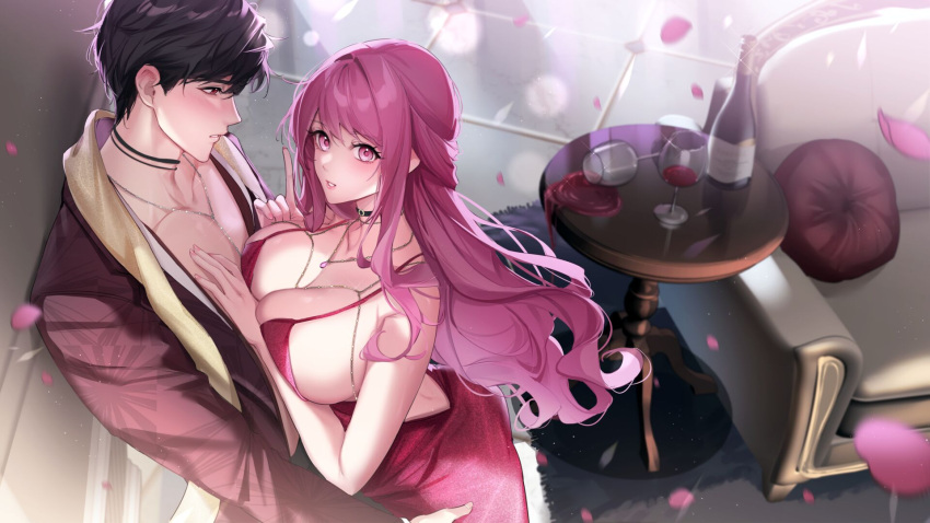 1boy 1girl against_wall alcohol arm_under_breasts backless_dress backless_outfit bad_source bangs bare_arms bare_shoulders black_choker black_hair blurry blush bottle breast_press breasts cain_art811 chair choker cleavage collarbone couple cup cushion depth_of_field dress drinking_glass eyebrows_visible_through_hair from_above gem hair_between_eyes half_updo hand_on_another's_chest hand_on_another's_hip hands_up hetero highres index_finger_raised jacket jewelry koi_ni_tsuite_0.1-paasento large_breasts light_particles long_fingers long_sleeves looking_at_another looking_at_viewer necklace open_clothes open_jacket parted_lips pendant petals pink_eyes pink_hair pink_pupils profile red_dress red_eyes red_hair red_jacket shiren_(koi_ni_tsuite_0.1-paasento) sideboob sidelocks sideways_glance spaghetti_strap standing table tile_floor tiles wine wine_bottle wine_glass yoonha_(koi_ni_tsuite_0.1-paasento)