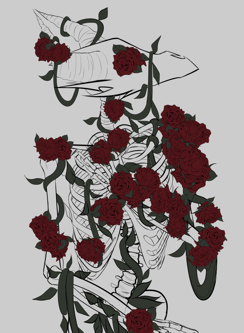 absurd_res anthro bone dragon flower hi_res male nude plant rose_(flower) skeleton solo tasteful_nudity vines