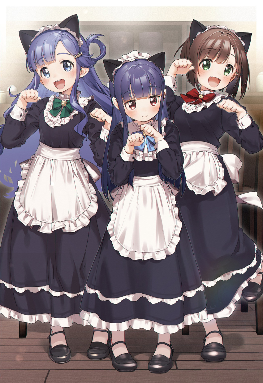 3girls absurdres alternate_costume animal_ears apron asari_nanami bell black_dress black_footwear blue_bow blue_eyes blue_hair bow breasts brown_eyes brown_hair cat_ears commentary_request dress enmaided fake_animal_ears frilled_apron frilled_dress frills green_bow green_eyes hair_ornament hands_up highres idolmaster idolmaster_cinderella_girls indoors jingle_bell long_hair long_sleeves maekawa_miku maid medium_breasts multiple_girls pantyhose paw_pose red_bow sajo_yukimi shoes standing standing_on_one_leg very_long_hair waist_apron white_apron white_legwear wooden_floor yukie_(kusaka_shi)