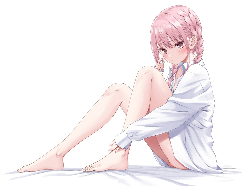 1girl absurdres ass barefoot blush bottomless braid brown_eyes brown_hair dress_shirt feet full_body hair_twirling highres knees_up legs long_hair naked_shirt original shirt simple_background sitting solo thighs toes twin_braids twintails white_background white_shirt yasuyuki