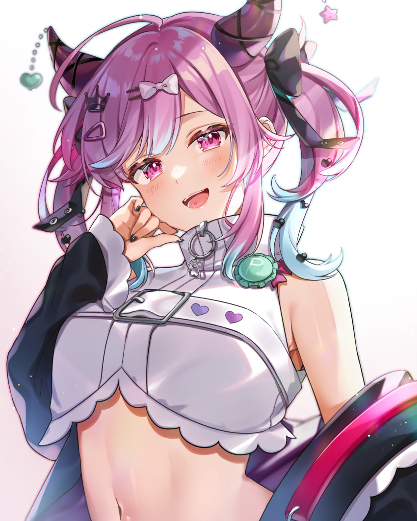1girl absurdres ahoge anzu_1026 bangs black_nails blue_hair bow breasts crop_top crown_hair_ornament hair_bow hair_ornament hand_up high_collar highres horns indie_virtual_youtuber jacket light_blush looking_at_viewer multicolored_hair navel off_shoulder open_mouth piercing pink_eyes pink_hair satou_pote_(vtuber) sleeveless small_breasts smile solo tongue_piercing two-tone_hair upper_body white_bow