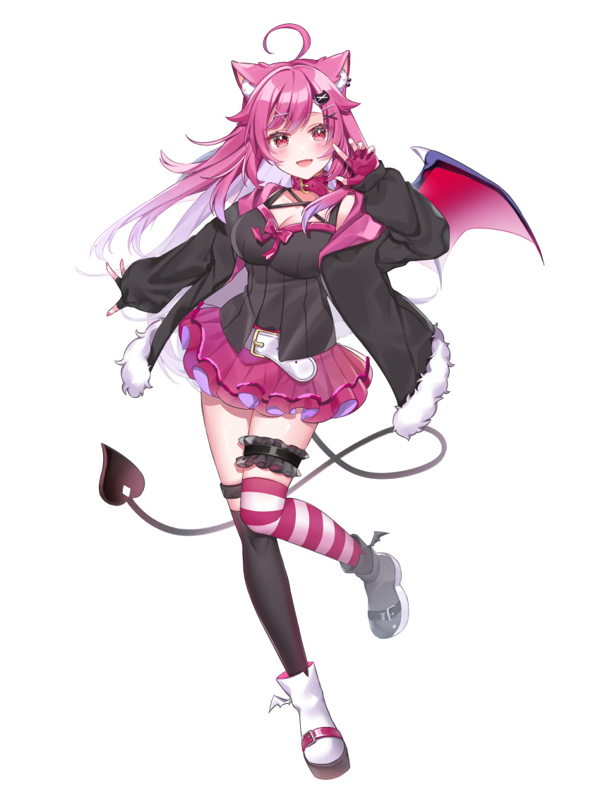 1girl absurdres ahoge animal_ears ankle_boots anzu_1026 arm_at_side asymmetrical_legwear bangs bat_wings belt boots breasts cat_hair_ornament cleavage collar demon_tail demon_wings fingerless_gloves frills fur-trimmed_jacket fur_trim gloves hair_ornament hand_up highres indie_virtual_youtuber jacket large_breasts leg_garter light_blush long_hair long_sleeves looking_at_viewer mismatched_legwear nekuro_konami open_clothes open_jacket open_mouth pink_eyes pink_gloves pink_hair pink_skirt simple_background skirt solo standing standing_on_one_leg tail thighhighs virtual_youtuber white_background white_footwear wings x_hair_ornament