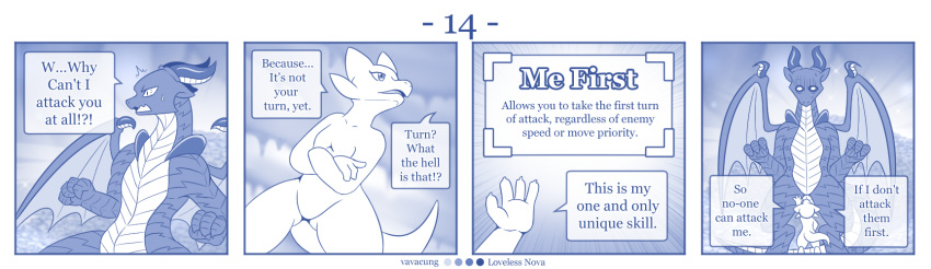 blue_and_white comic detailed_background dialogue dragon english_text female feral hi_res horn kobold larger_feral male monochrome nude size_difference smaller_female text vavacung wings