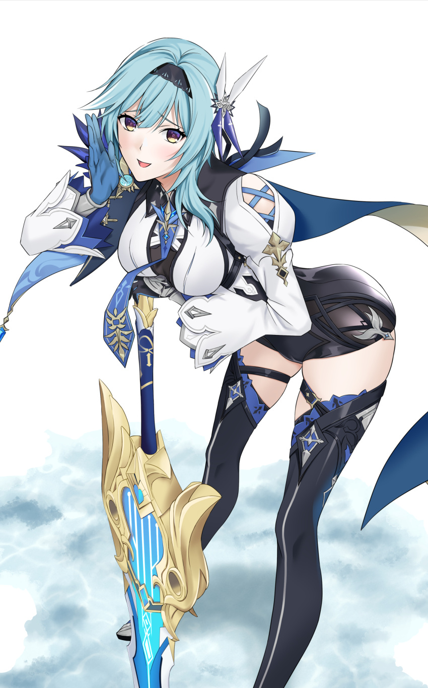 1girl absurdres bangs black_legwear blue_gloves blue_hair boots bow breasts cloak eula_(genshin_impact) eyebrows_behind_hair eyebrows_visible_through_hair genshin_impact gloves hair_between_eyes hair_ornament hairband highres holding holding_sword holding_weapon looking_at_viewer open_mouth short_hair smile solo sword takai_isshiki thigh_boots thighhighs weapon yellow_eyes