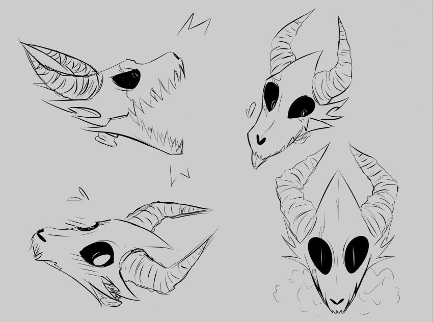 anthro bone dragon expression_sheet expressions greyscale group hi_res humanoid male monochrome refrence_sheet skeleton solo