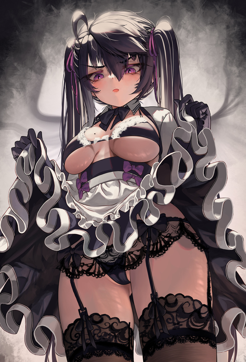1girl ahoge apron black_bow black_bowtie black_gloves black_hair black_panties bow bowtie breasts breasts_apart clothes_lift frilled_apron frills garter_belt gloves hair_ribbon highres large_breasts lifted_by_self long_hair mole mole_on_breast original panties parted_lips priite_hari_(torriet) purple_bow purple_eyes ribbon skirt skirt_lift solo thighhighs torriet twintails underwear