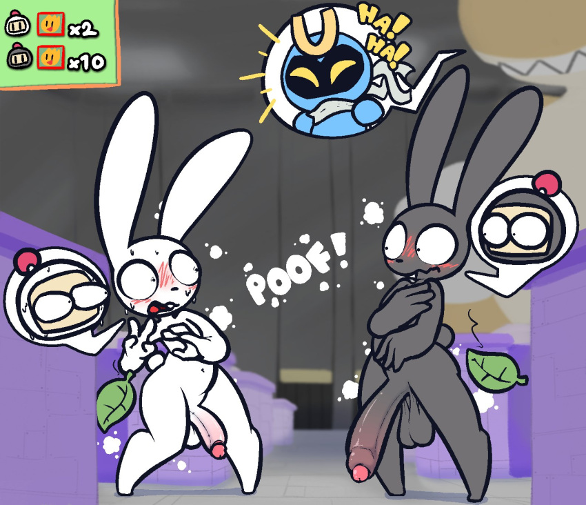 2022 anthro balls big_balls big_penis black_bomberman blush bomberman bomberman_(species) duo embarrassed genitals hi_res huge_penis lagomorph leporid male mammal nude penis rabbit rabblet thick_thighs transformation white_bomber