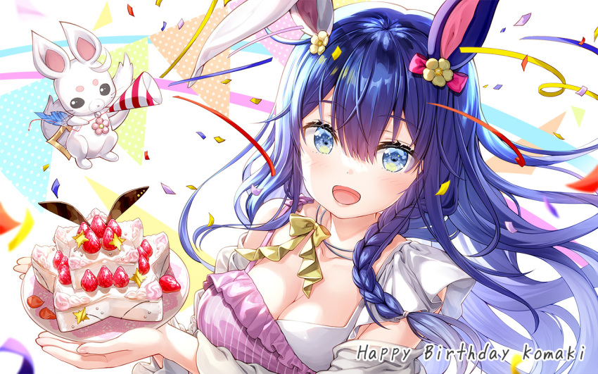 1girl :d animal animal_ears bangs blue_eyes blue_hair blush bow braid breasts cake cleavage collarbone commentary_request confetti copyright_request dress eyebrows_visible_through_hair food fruit fujima_takuya hair_between_eyes happy_birthday holding holding_plate long_hair looking_at_viewer medium_breasts mismatched_animal_ear_colors party_popper pennant plate polka_dot polka_dot_background rabbit_ears smile solo strawberry streamers string_of_flags upper_body virtual_youtuber white_dress yellow_bow