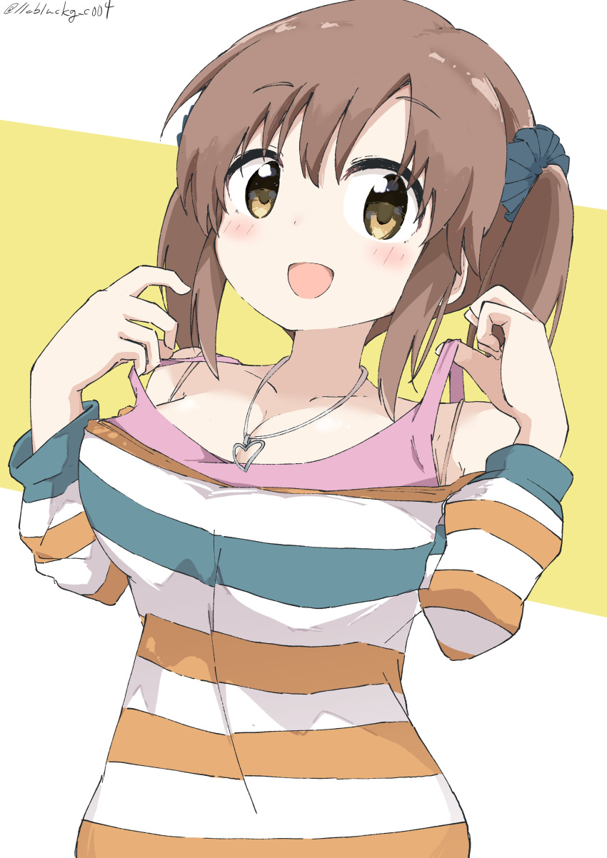 absurdres adjusting_clothes bangs blue_scrunchie blush breasts cleavage collarbone commentary cynical_(llcbluckg_c004) dot_nose dress eyebrows_visible_through_hair hands_up heart heart_necklace highres idolmaster idolmaster_cinderella_girls jewelry large_breasts long_sleeves looking_at_viewer medium_hair necklace open_mouth pink_tank_top scrunchie sidelocks simple_background smile solo strapless strapless_dress striped striped_dress tank_top totoki_airi twintails twitter_username yellow_eyes