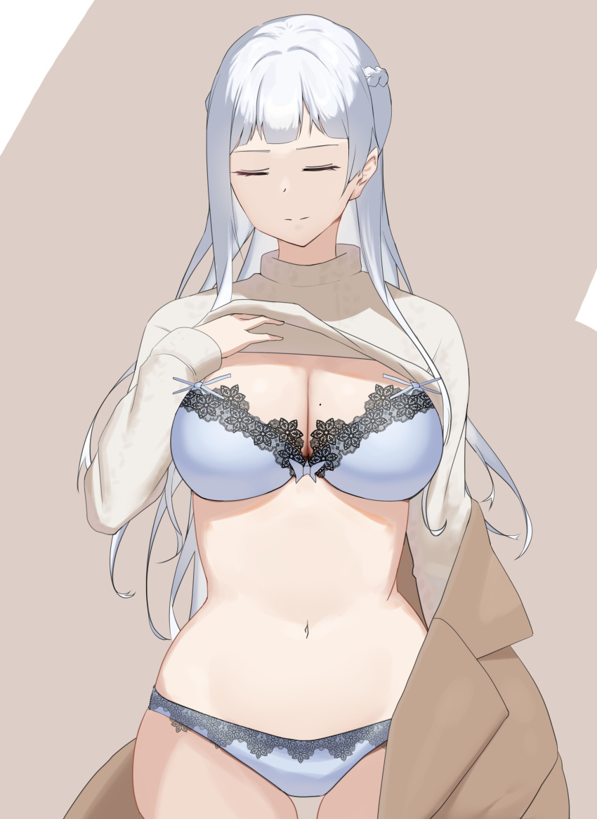 1girl absurdres ak-12_(girls'_frontline) bra braid breasts closed_eyes clothes_lift copper cowboy_shot french_braid girls'_frontline grey_bra grey_hair grey_panties highres large_breasts lifted_by_self long_hair long_sleeves mole mole_on_breast navel panties solo standing sweater sweater_lift underwear